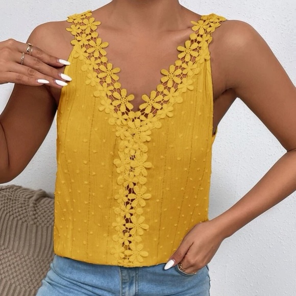 Mustard yellow Swiss dot lace detail blouse - Picture 4 of 15